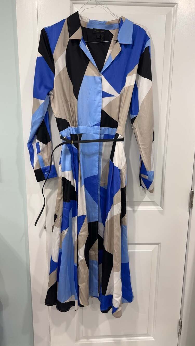 Donna Karan New York Geometric Print Belted Shirt Dress Size 16